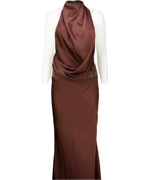 Babyboo Chocolate Brown High Neck Backless Beaded Maxi Dress UK XS