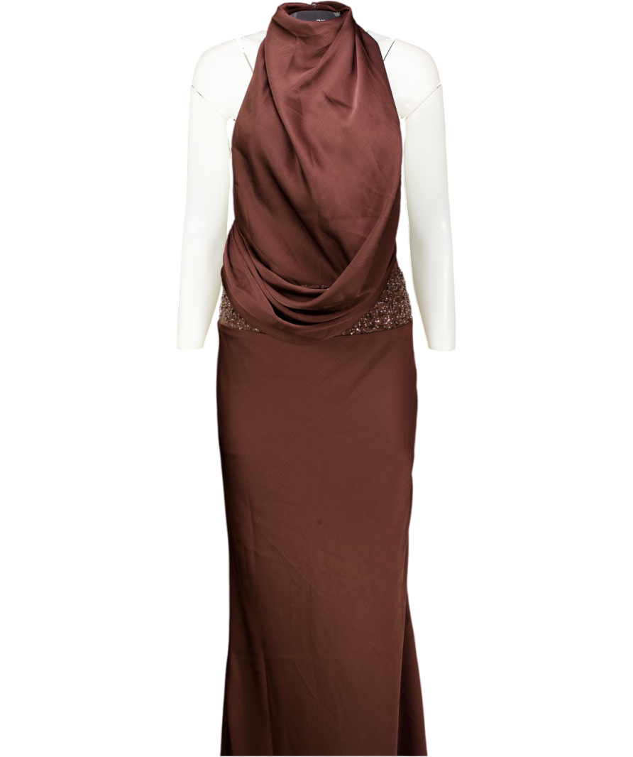 Babyboo Chocolate Brown High Neck Backless Beaded Maxi Dress UK XS