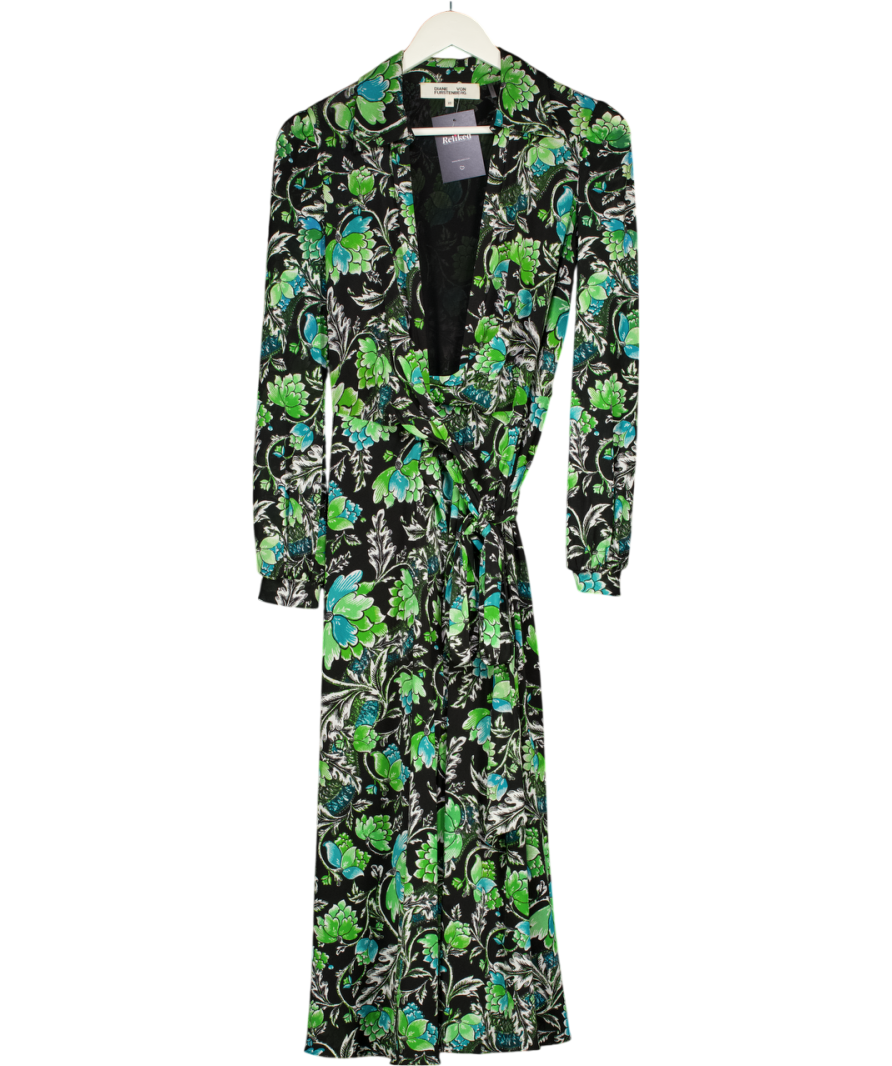 Diane von Furstenberg Black / Green Floral Long Sleeve Wrap Midi Dress   Reliked