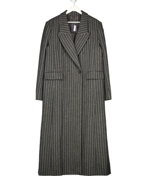 Karen Millen Black Brushed Wool Pinstripe Oversized Double Breasted Tailored Maxi Coat UK 16