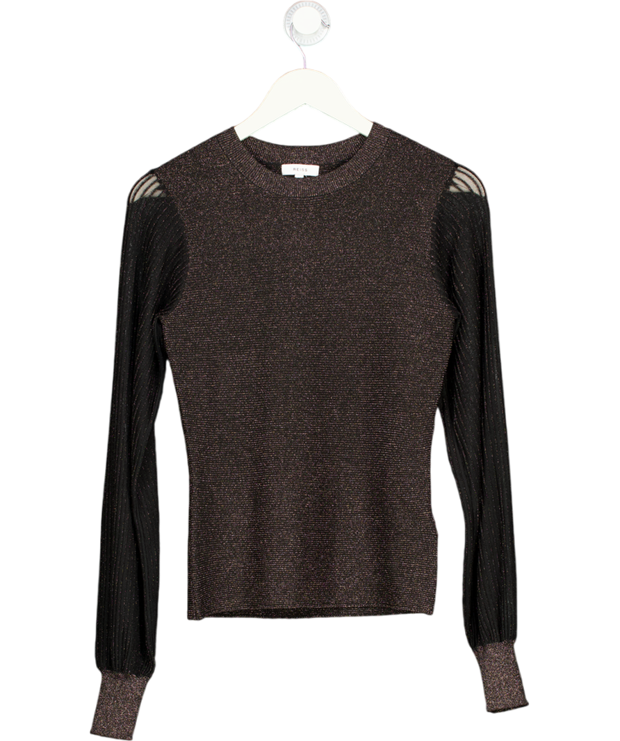 REISS Black Stella Metallic Semi-sheer Sleeve Top UK S