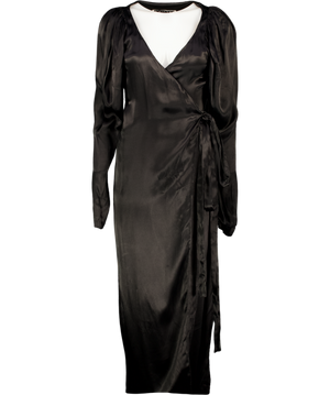 Rotate Birger Christensen Black Puff Sleeve Satin Wrap Midi Dress UK 6