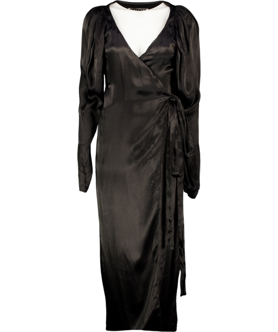 Rotate Birger Christensen Black Puff Sleeve Satin Wrap Midi Dress UK 6