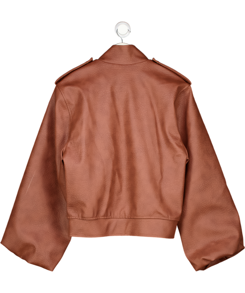 AQUI Brown Bomber Jacket In Grained Faux Leather UK S
