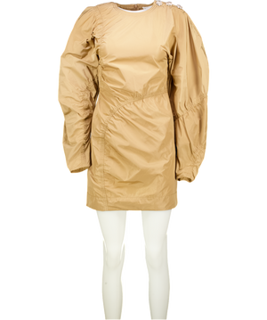 GANNI Beige Balloon-sleeve Crystal-button Taffeta Mini Dress UK 6
