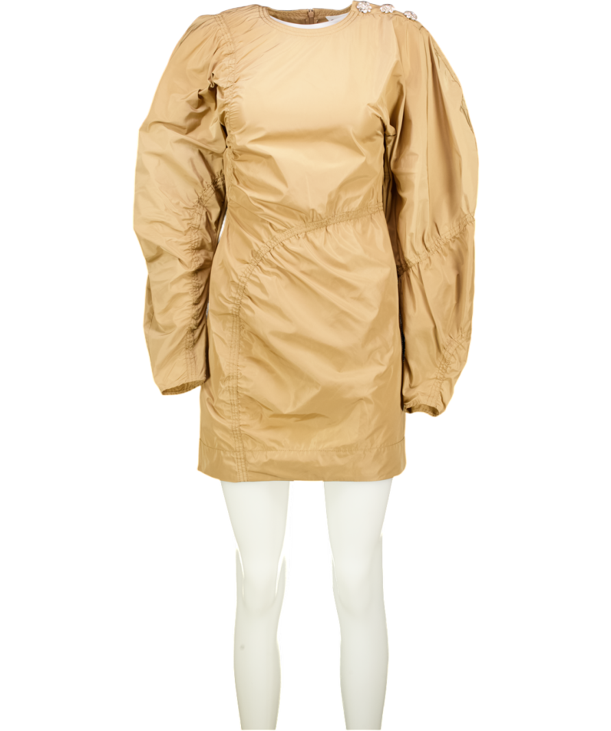 GANNI Beige Balloon-sleeve Crystal-button Taffeta Mini Dress UK 6