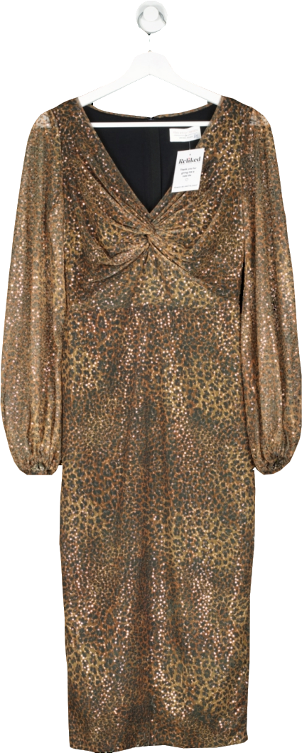 Fenn Wright Manson Brown Sequin Mesh Animal Print Midi Dress UK 8