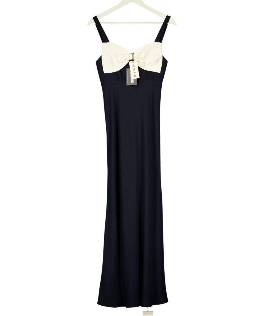 RIXO Melisse Deep Navy Blue Bow-detail Satin Midi Dress UK 8
