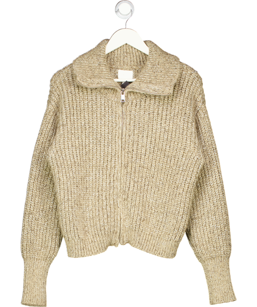 H&M Beige Rib-knit Zip-through Funnel Neck Cardigan UK S