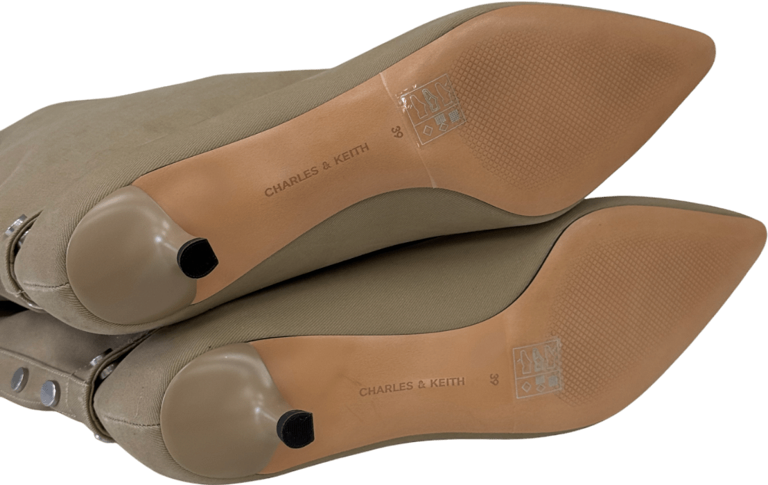 Charles & Keith Beige Gael Twill Studded Convertible Kitten - heel & Knee - high Boots UK 6 EU 39 👠 - Reliked