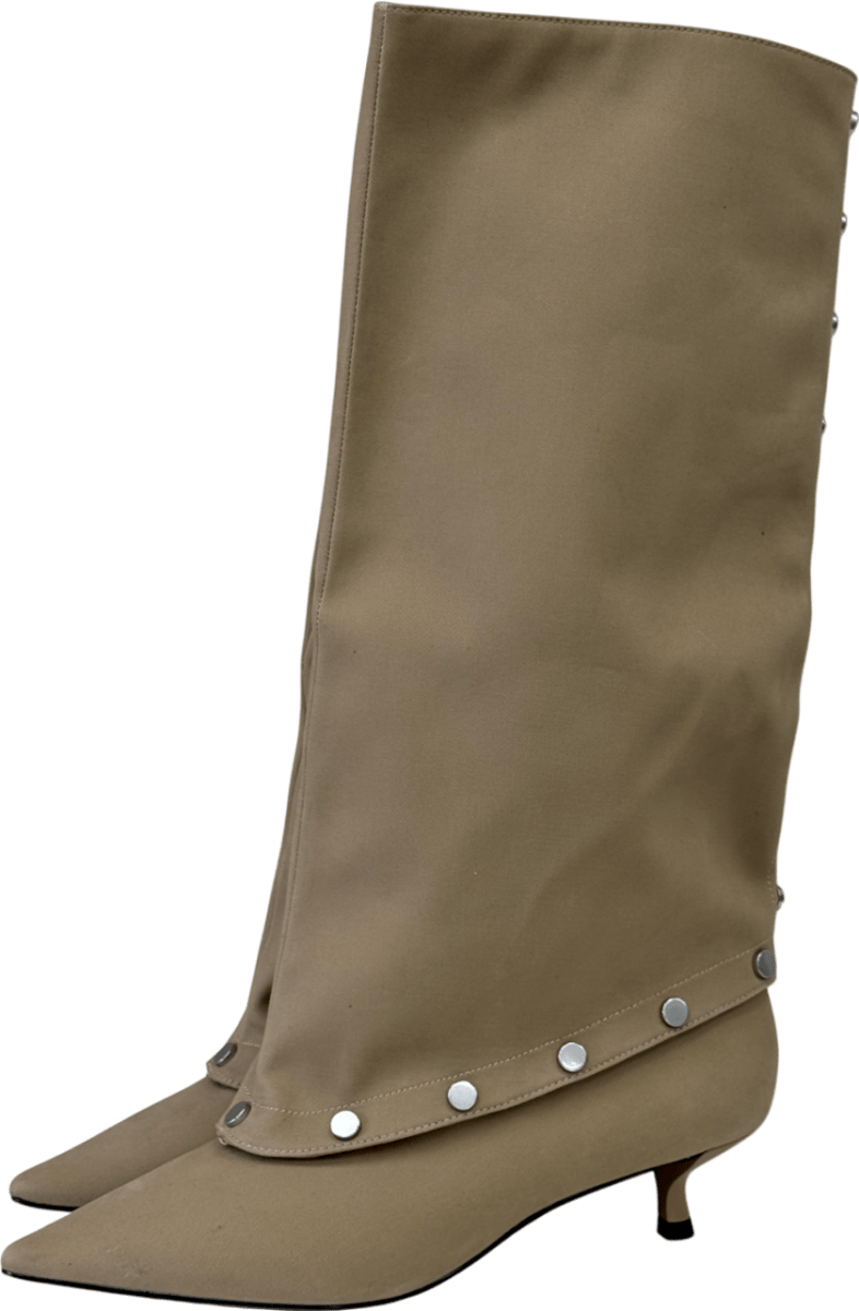 Charles & Keith Beige Gael Twill Studded Convertible Kitten - heel & Knee - high Boots UK 6 EU 39 👠 - Reliked
