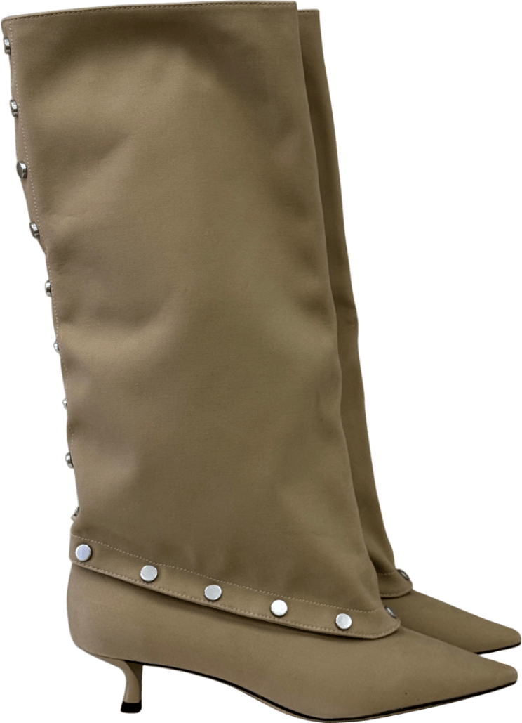Charles & Keith Beige Gael Twill Studded Convertible Kitten - heel & Knee - high Boots UK 6 EU 39 👠 - Reliked