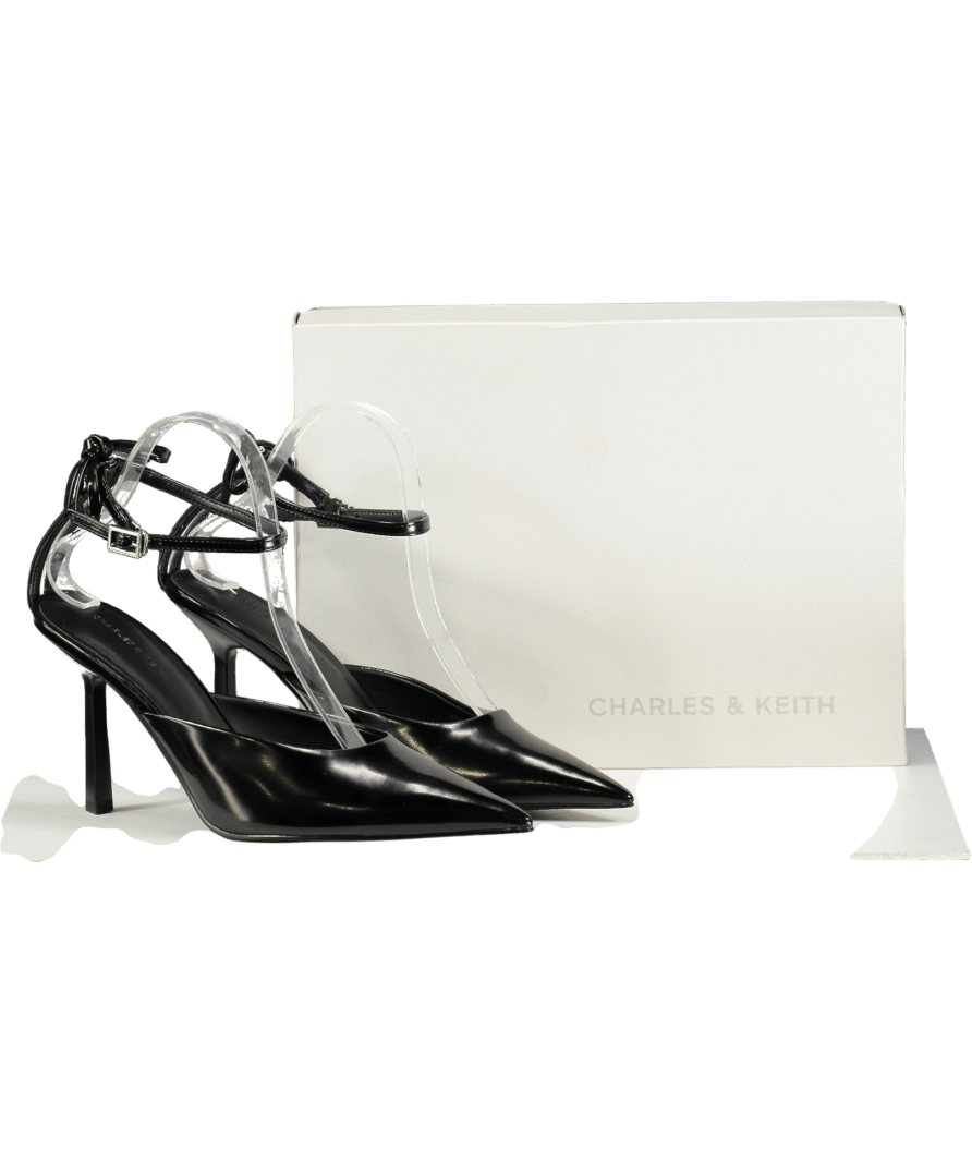 Charles & Keith Black Bow Ankle - strap Pointed - toe Stiletto Pumps UK 6 EU 39 👠 - Reliked