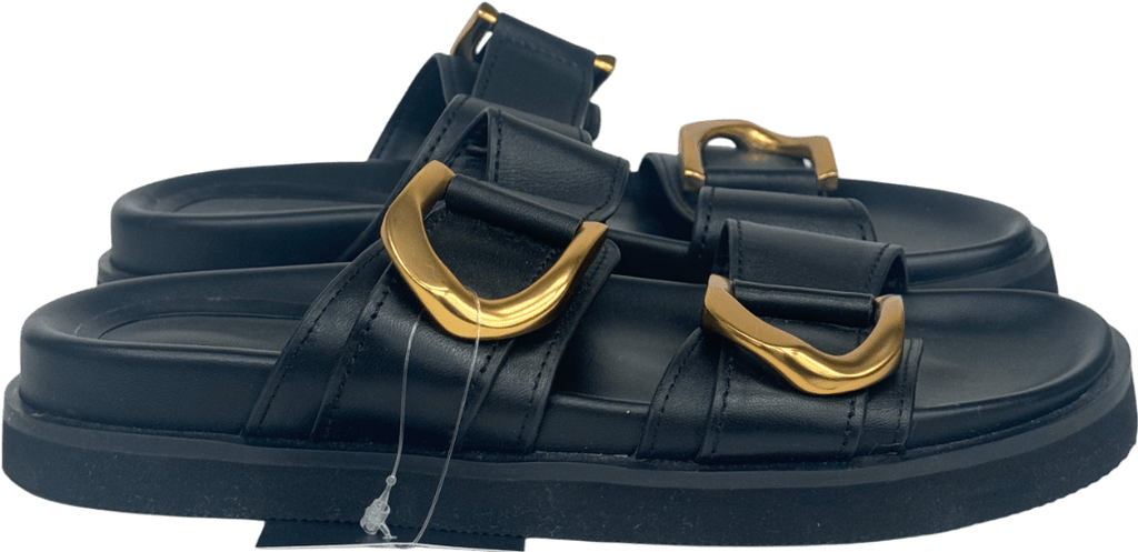 Charles & Keith Black Gabine Gold - buckle Leather Slides UK 4 EU 37 👠 - Reliked