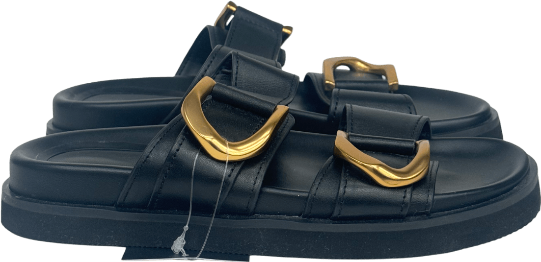 Charles & Keith Black Gabine Gold - buckle Leather Slides UK 4 EU 37 👠 - Reliked