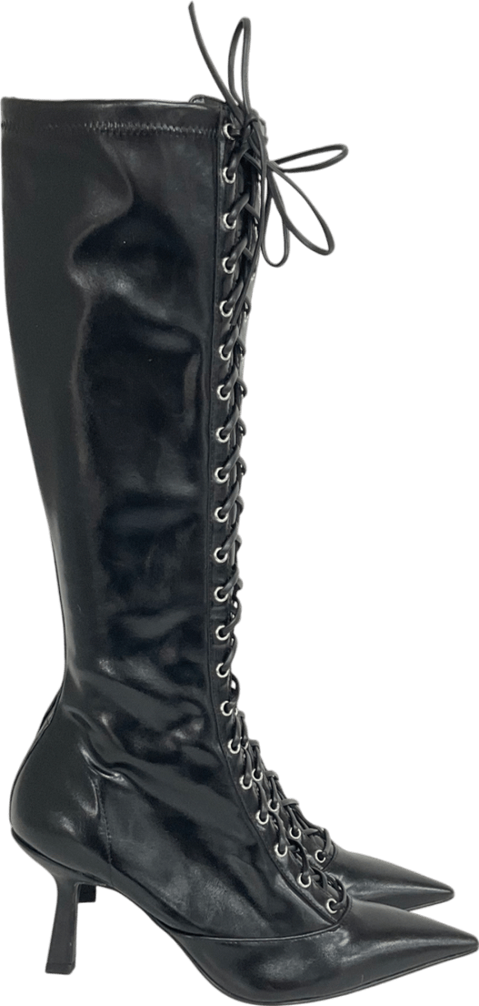 Charles & Keith Black Lace - up Pointed - toe Knee - high Boots UK 6 EU 39 👠 - Reliked