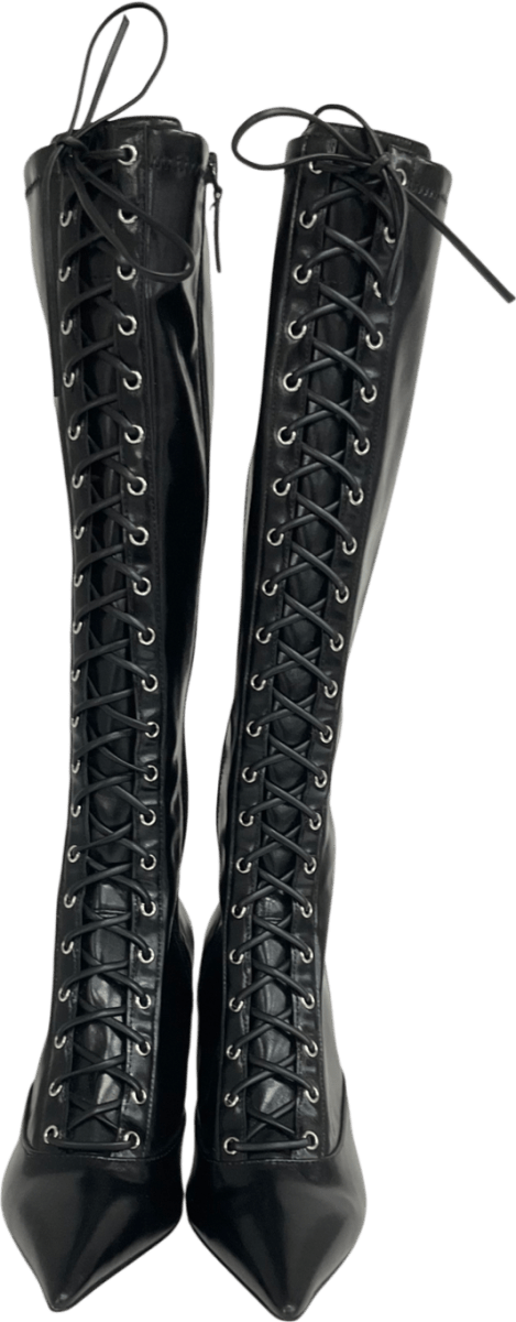 Charles & Keith Black Lace - up Pointed - toe Knee - high Boots UK 6 EU 39 👠 - Reliked