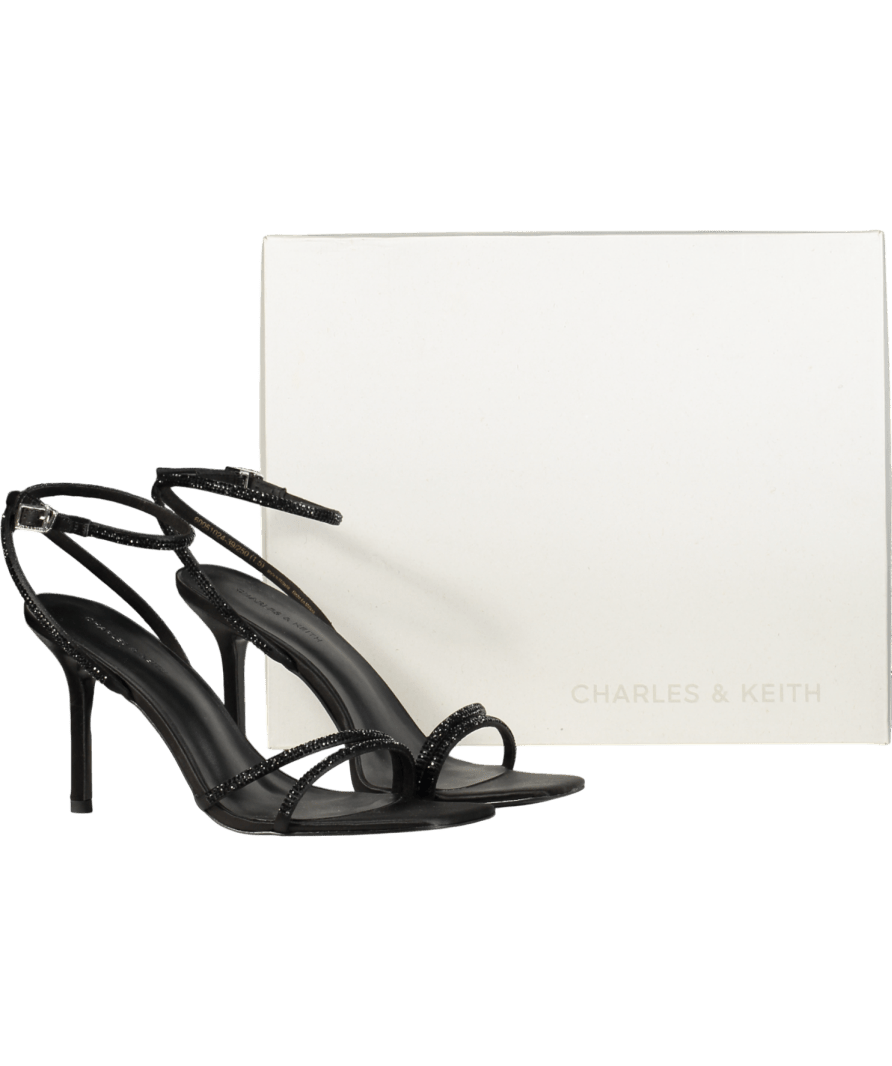 Charles & Keith Black Satin Crystal - embellished Stiletto - heel Sandals UK 6 EU 39 👠 - Reliked