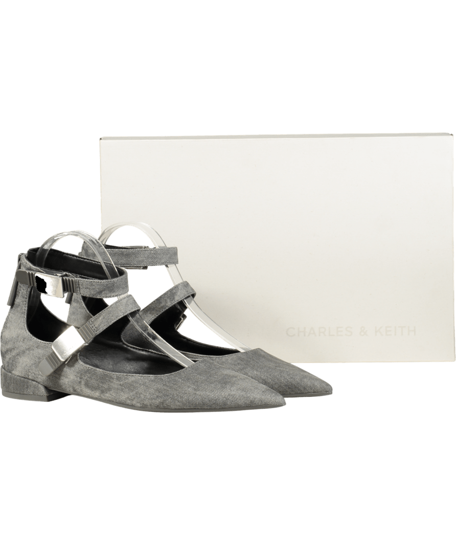 Charles & Keith Grey Robbie Denim - effect Pointed - toe Mary Jane Flats UK 4 EU 37 👠 - Reliked