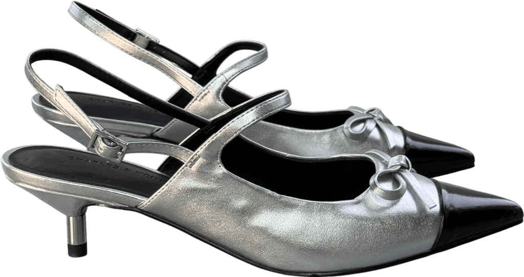 Charles & Keith Metallic Bow Cap - toe Kitten - heel Slingback Pumps UK 4 EU 37 👠 - Reliked