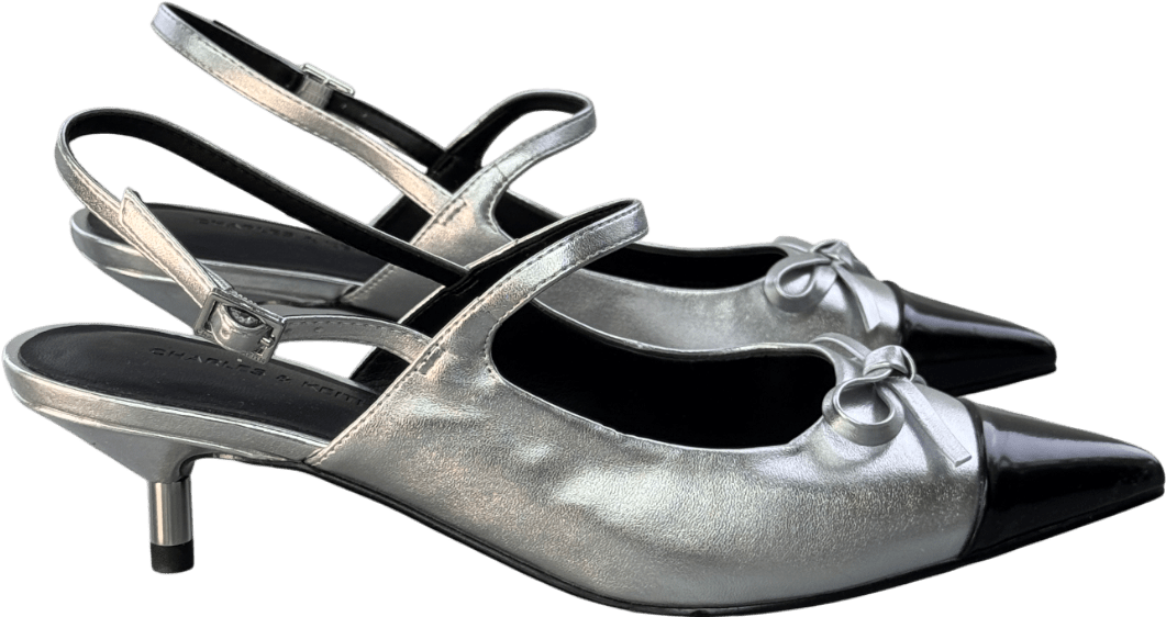 Charles & Keith Metallic Bow Cap - toe Kitten - heel Slingback Pumps UK 4 EU 37 👠 - Reliked