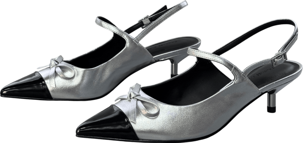 Charles & Keith Metallic Bow Cap - toe Kitten - heel Slingback Pumps UK 4 EU 37 👠 - Reliked