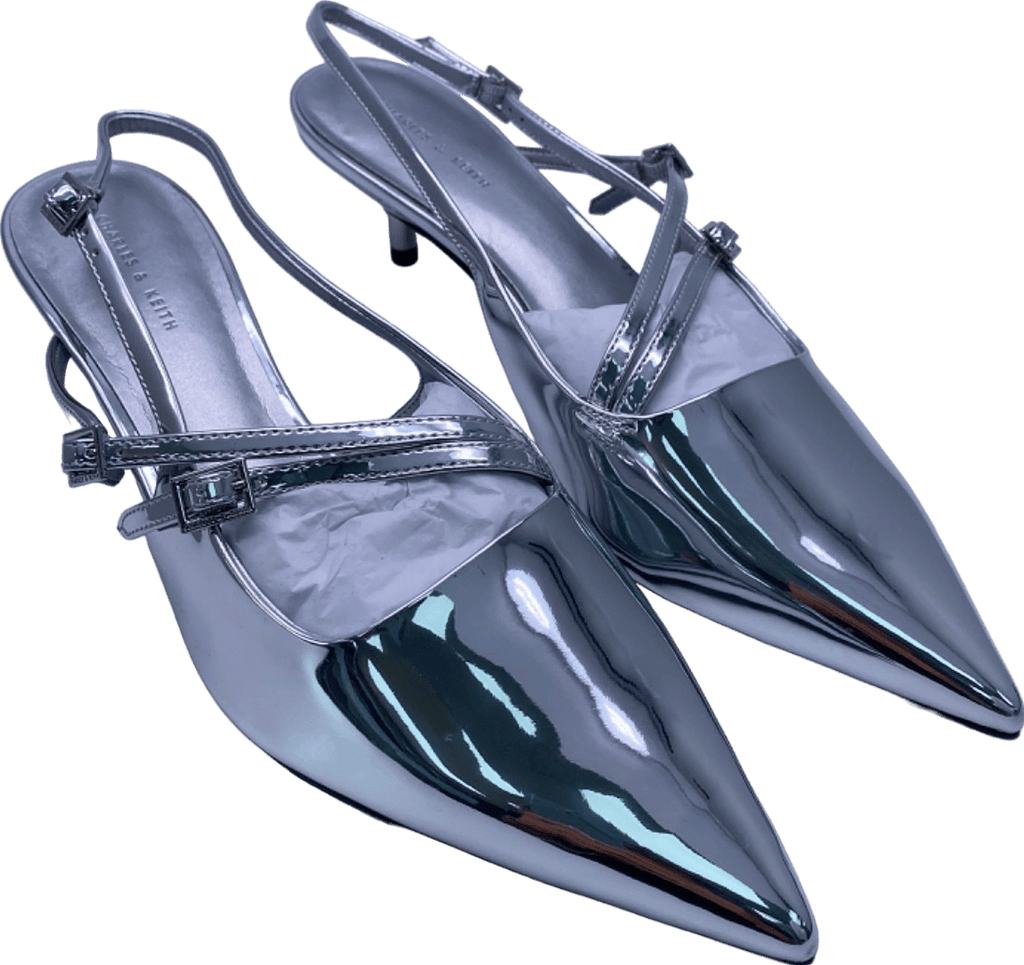 Charles & Keith Silver Slingback Pointed Toe Kitten Heels EU 41 UK 8 - Reliked