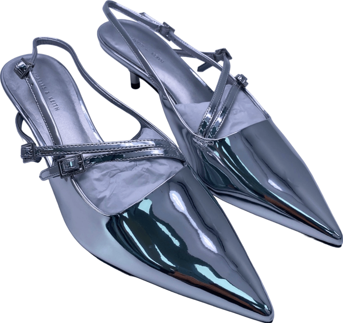 Charles & Keith Silver Slingback Pointed Toe Kitten Heels EU 41 UK 8 - Reliked
