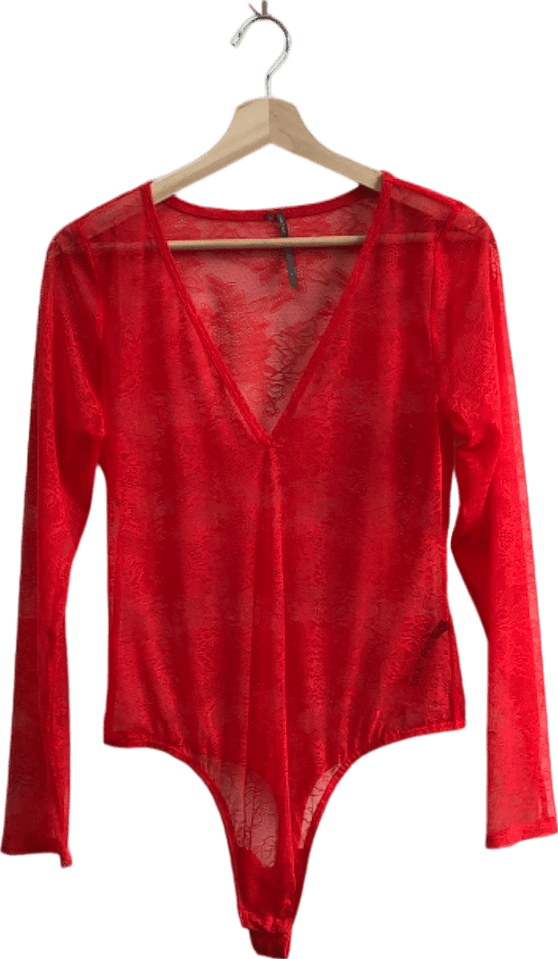 ??Check size Anthropologie Red Lace Long Sleeve Bodysuit S - Reliked