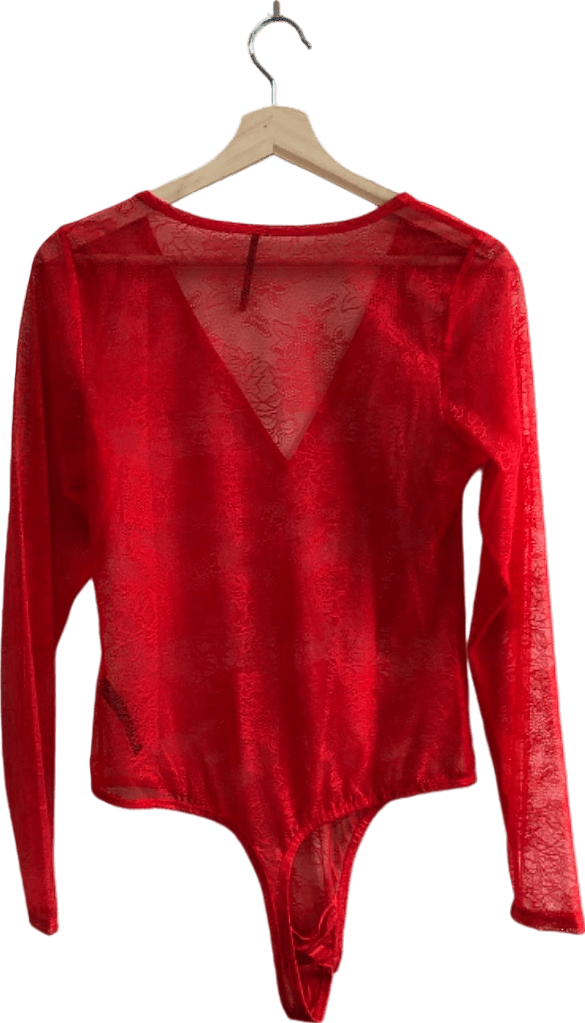 ??Check size Anthropologie Red Lace Long Sleeve Bodysuit S - Reliked