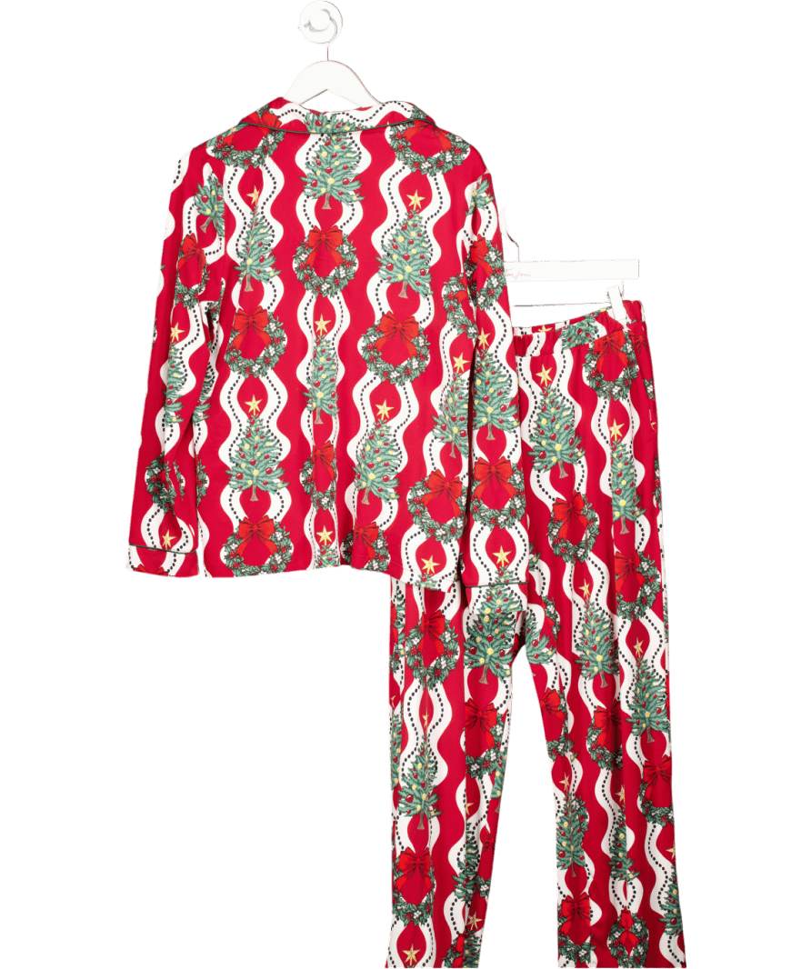 Chelsea Peers Red Christmas Tree & Wreath Stripe Print Long Pyjama Set UK 12 - Reliked