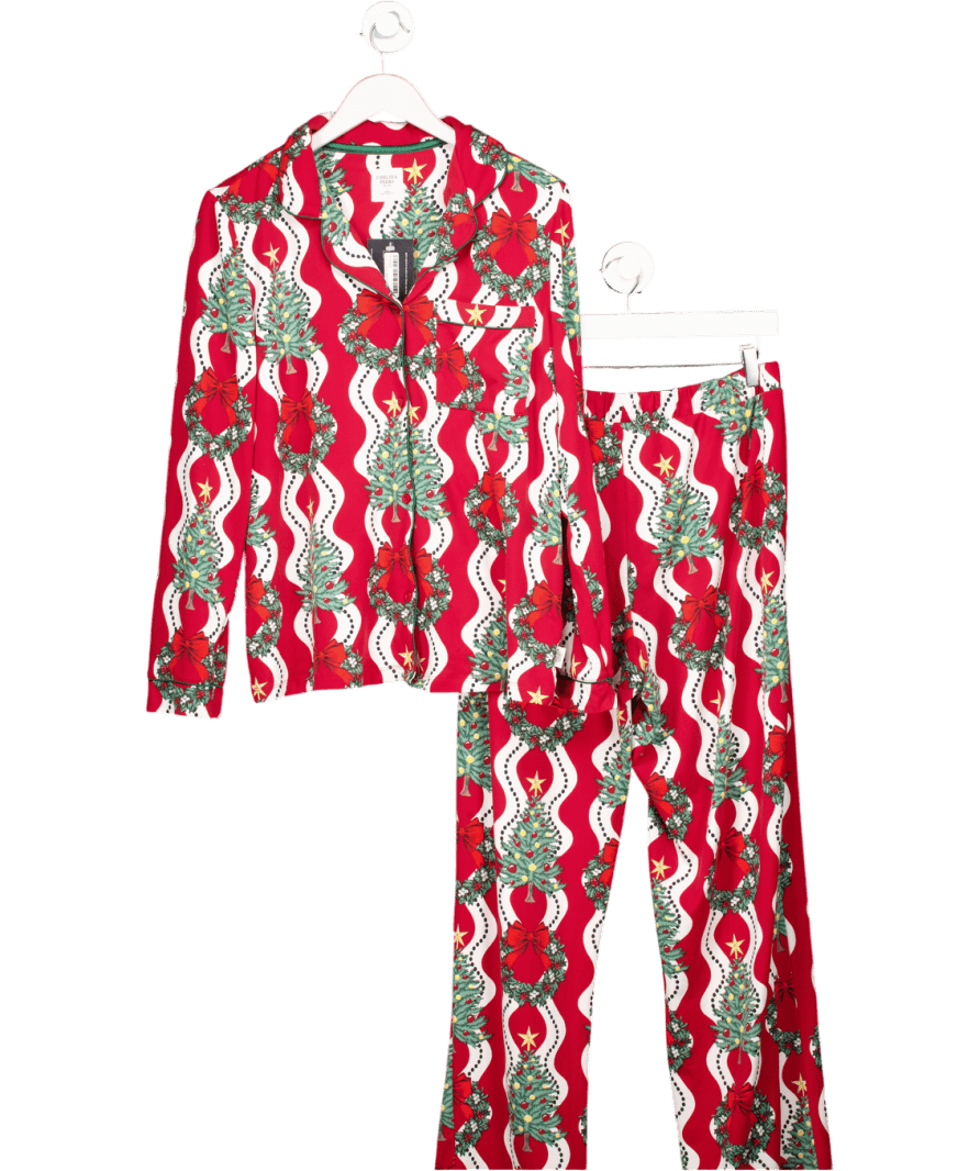 Chelsea Peers Red Christmas Tree & Wreath Stripe Print Long Pyjama Set UK 12 - Reliked