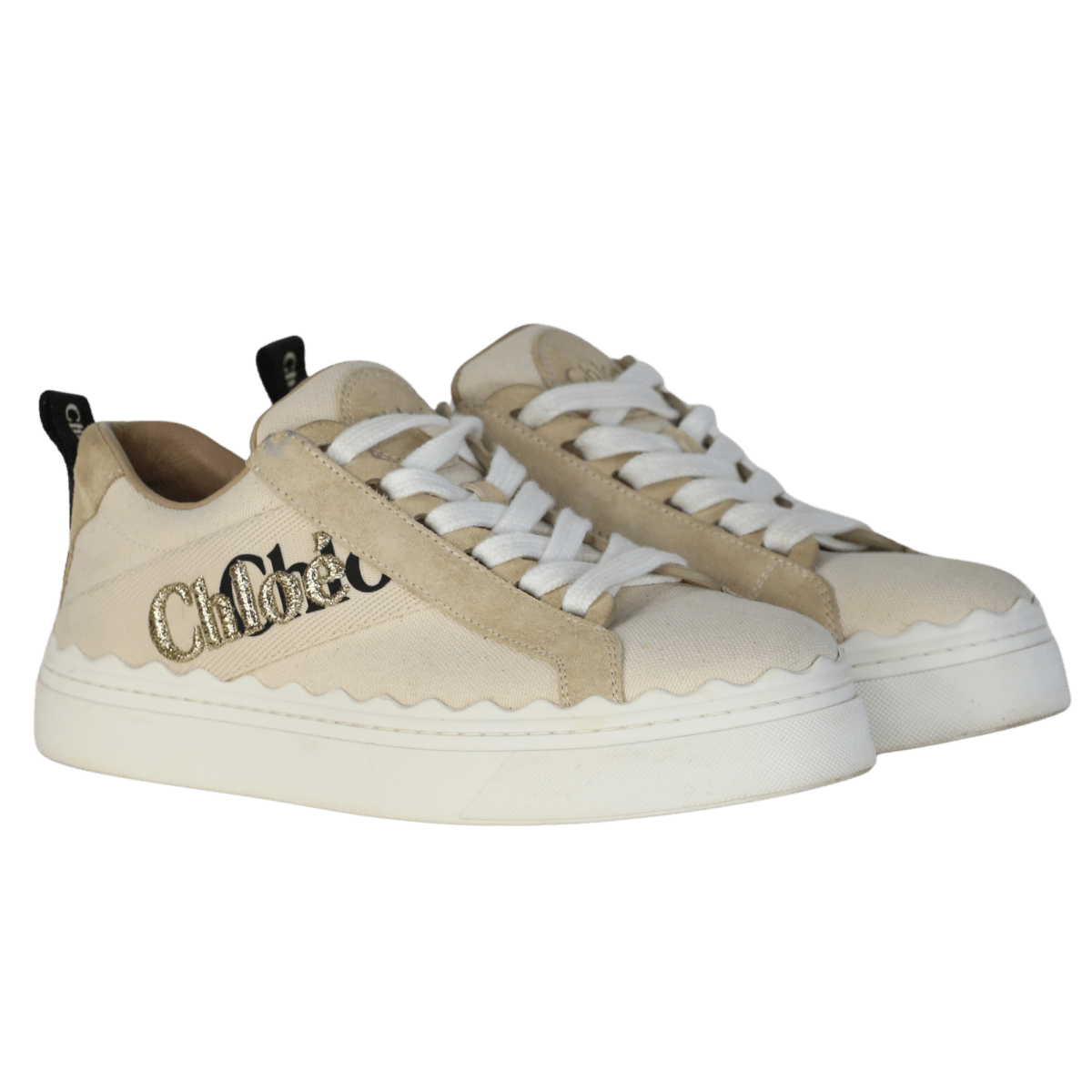 CHLOE Cream Lauren Logo Embroidered Canvas Trainers UK 3 EU 36 👠 - Reliked