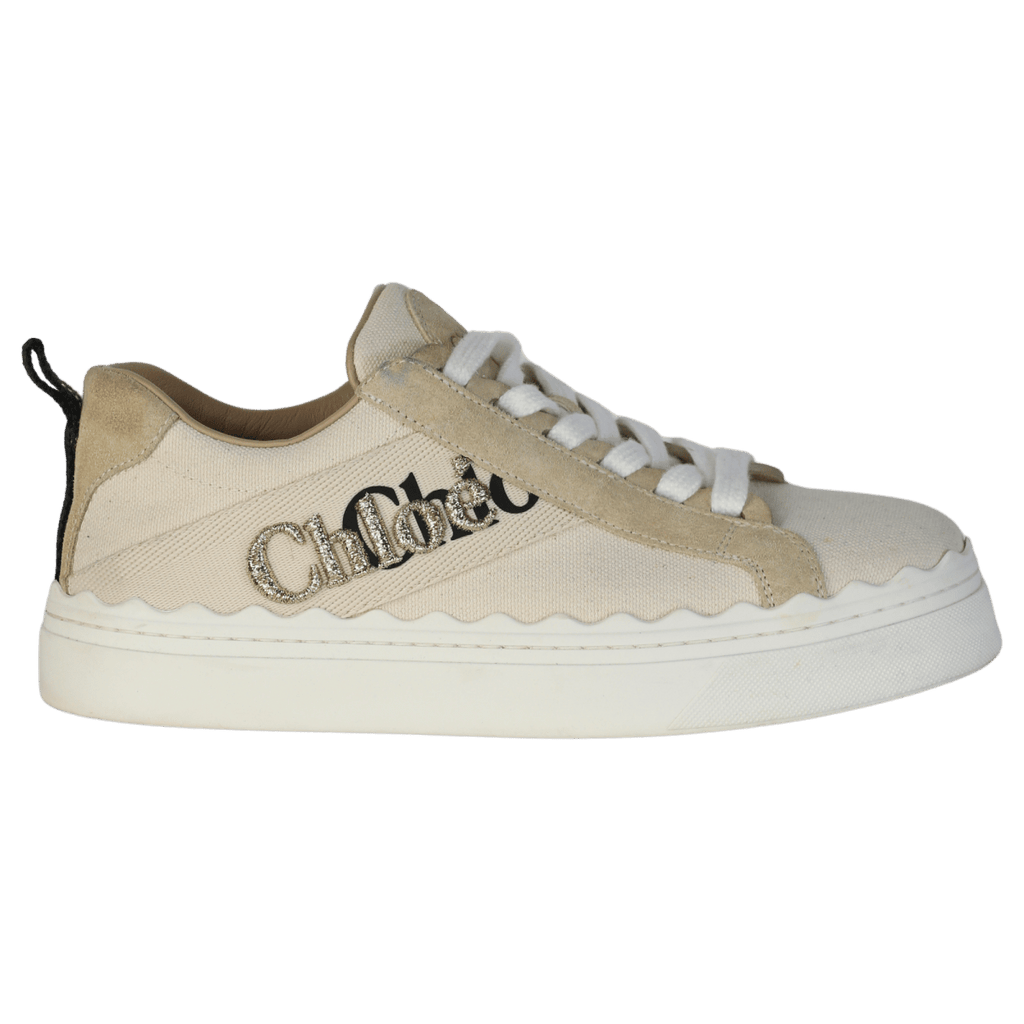 CHLOE Cream Lauren Logo Embroidered Canvas Trainers UK 3 EU 36 👠 - Reliked