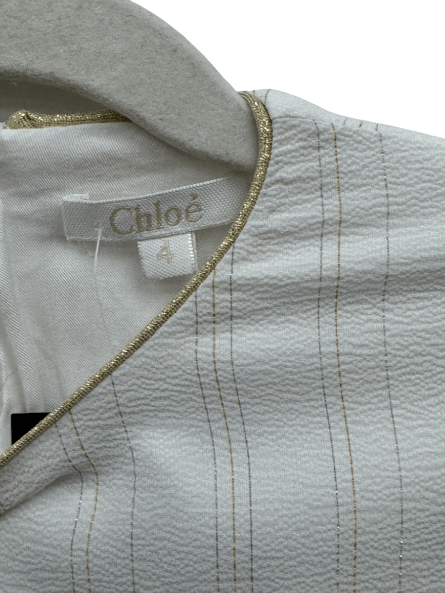 Chloé Kids Ivory White & Gold Stripe Pleated Long Sleeve Dress 4 Years - Reliked