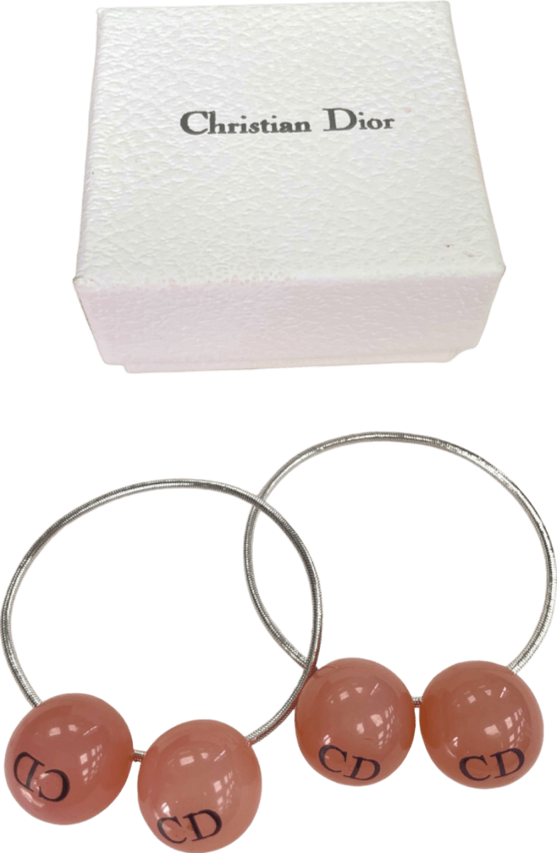 Christian Dior Set of 2 Pink / Silver Lucite Bead Logo Hair Accessories - Reliked