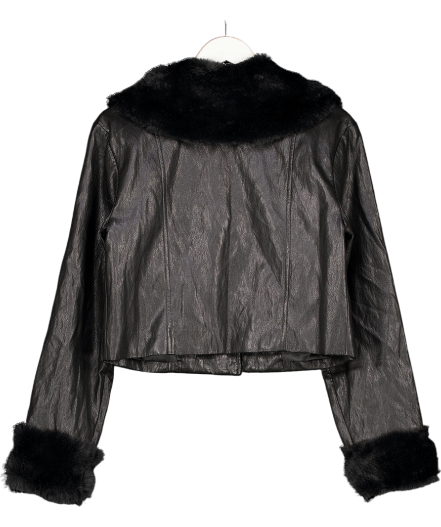 Cider Black Leather Collar Button Shearling Jacket UK M - Reliked