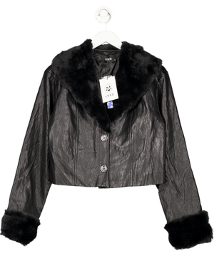 Cider Black Leather Collar Button Shearling Jacket UK M