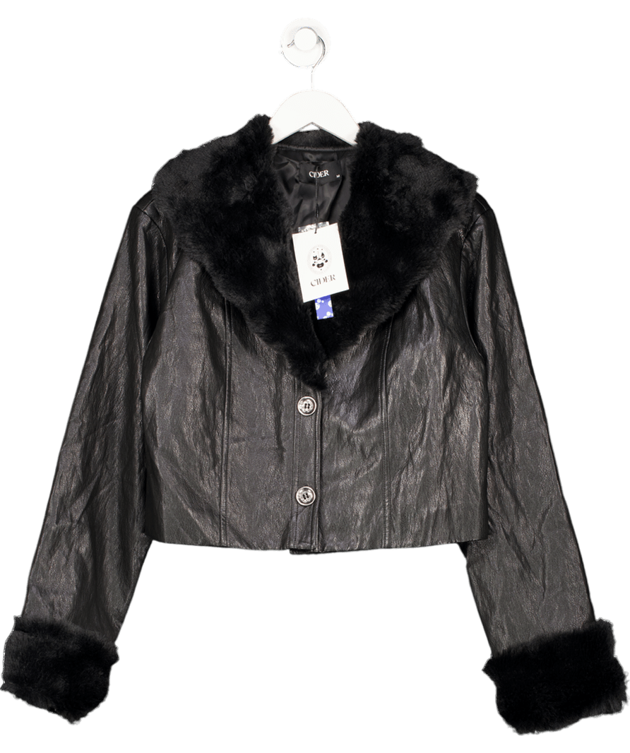 Cider Black Leather Collar Button Shearling Jacket UK M - Reliked