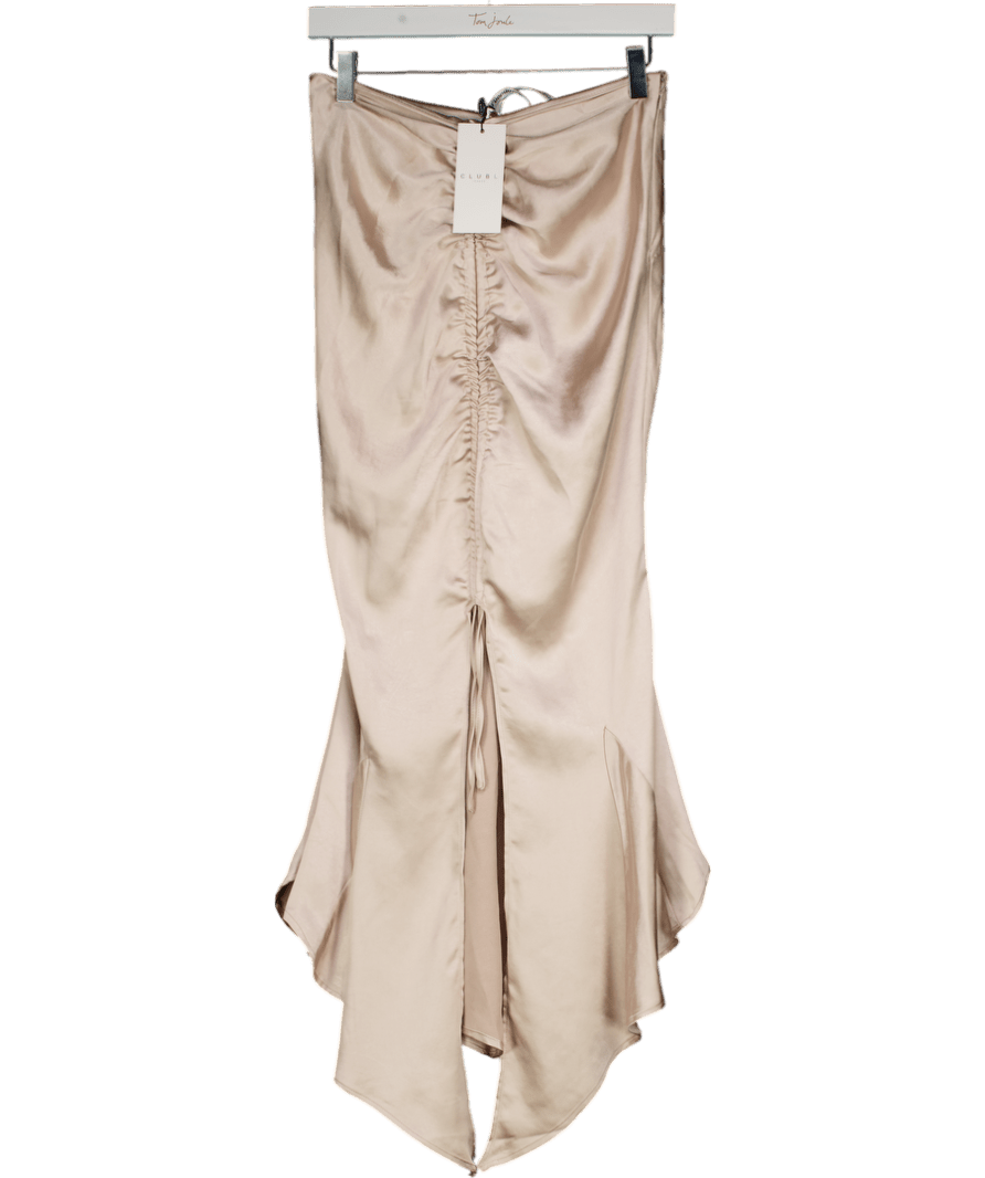 Club L Cream Per Favore Champagne Satin Ruched Split Maxi Skirt UK 8 - Reliked