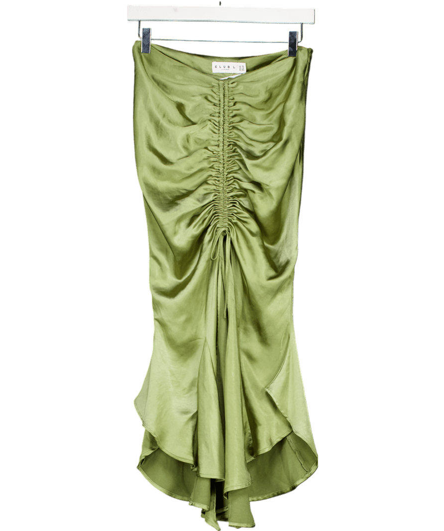 Club L Green Per Favore Satin Ruched Split Maxi Skirt UK 8 - Reliked