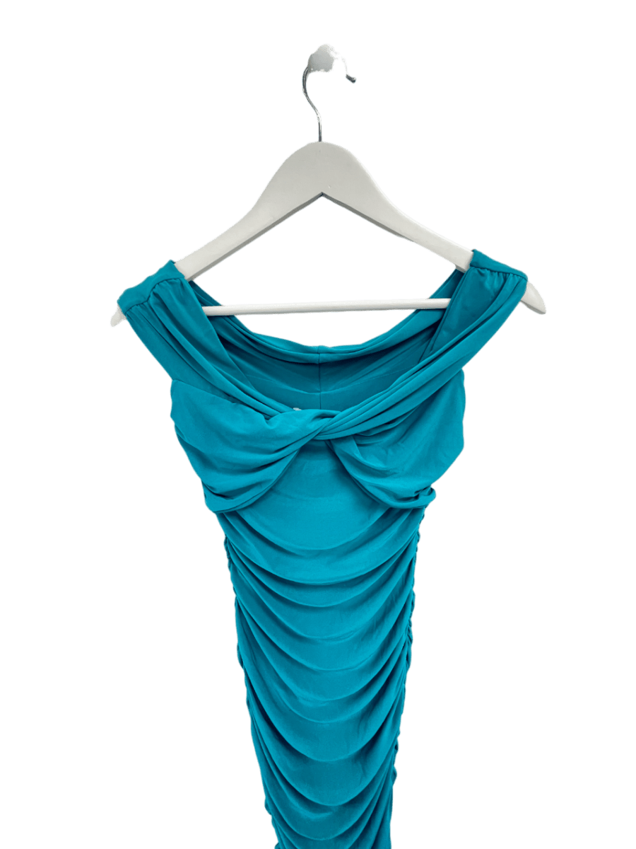 Club L Turquoise Blue Ruched Off The Shoulder Midi Dress UK 6 - Reliked