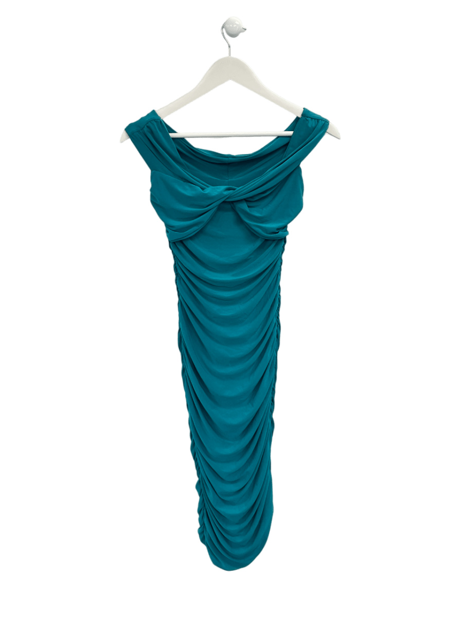 Club L Turquoise Blue Ruched Off The Shoulder Midi Dress UK 6 - Reliked