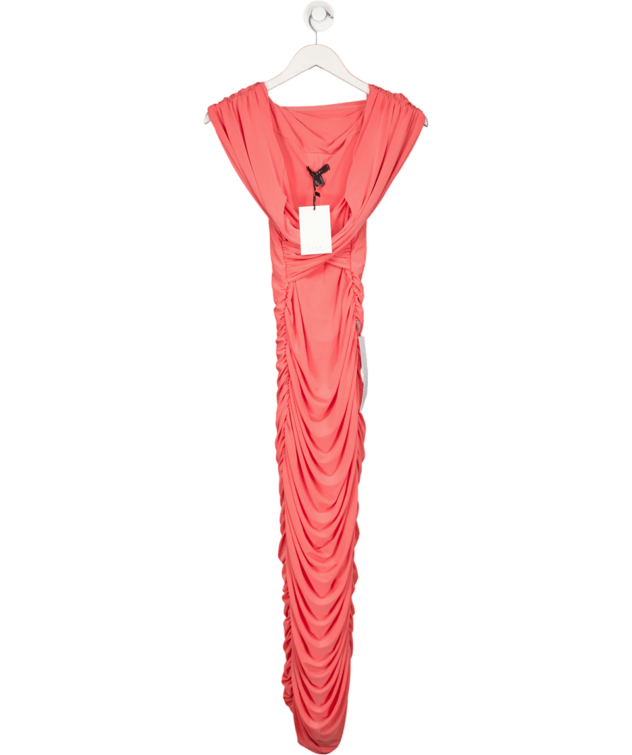 Club L Unwrapped Coral Pink Ruched Twist Bardot Midi Dress UK 10 - Reliked Club L Unwrapped Coral Pink Ruched Twist Bardot Midi Dress UK 10 - Reliked