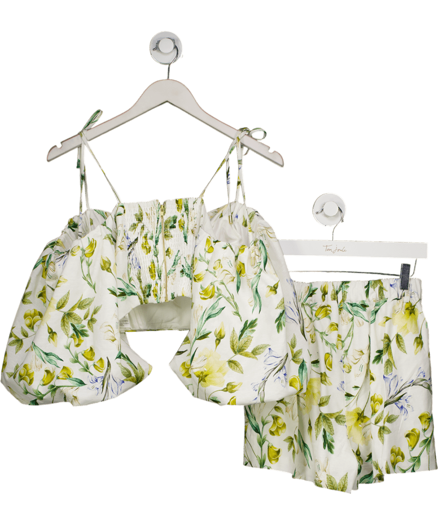 Club L White 2 - piece Linen Botanical Print Ruffled Crop Top & Shorts Set UK 8 - Reliked