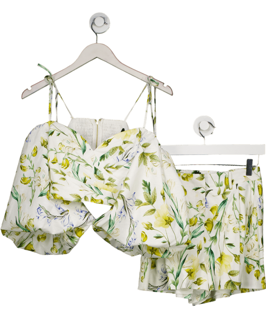 Club L White 2 - piece Linen Botanical Print Ruffled Crop Top & Shorts Set UK 8 - Reliked