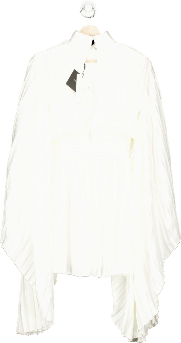 Club L White Pleated High - Neck Skater Mini Dress With Cape Sleeves UK 6 - Reliked