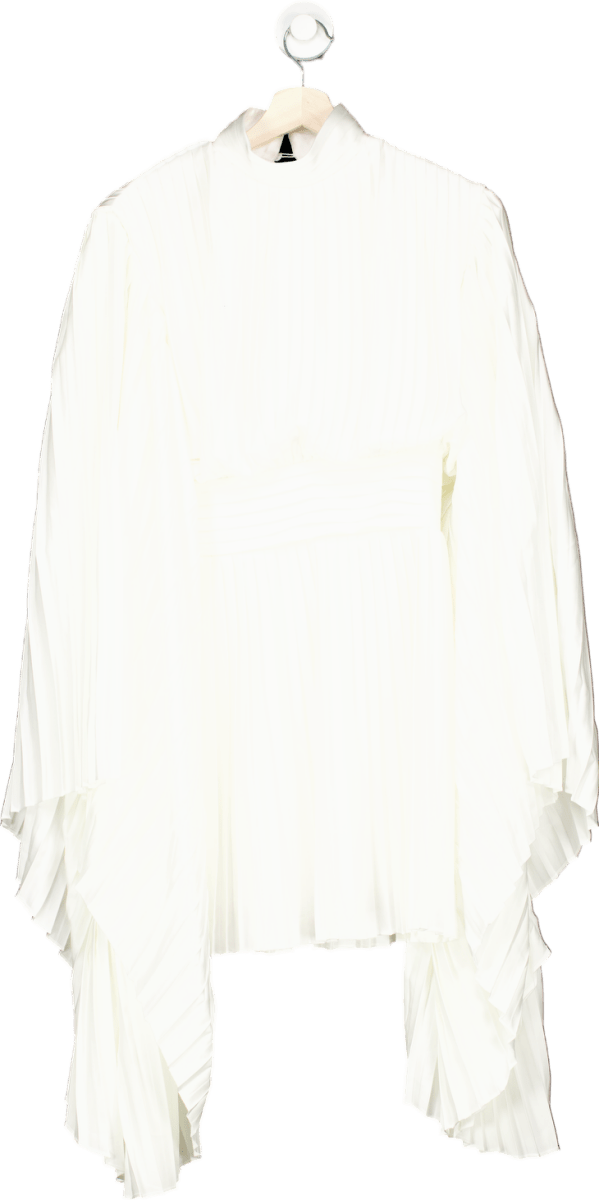 Club L White Pleated High - Neck Skater Mini Dress With Cape Sleeves UK 6 - Reliked