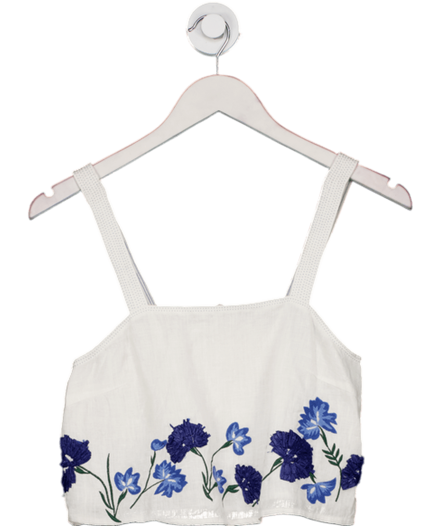 Club Monaco White / Blue Embroidered Linen Crop Top UK XS - Reliked