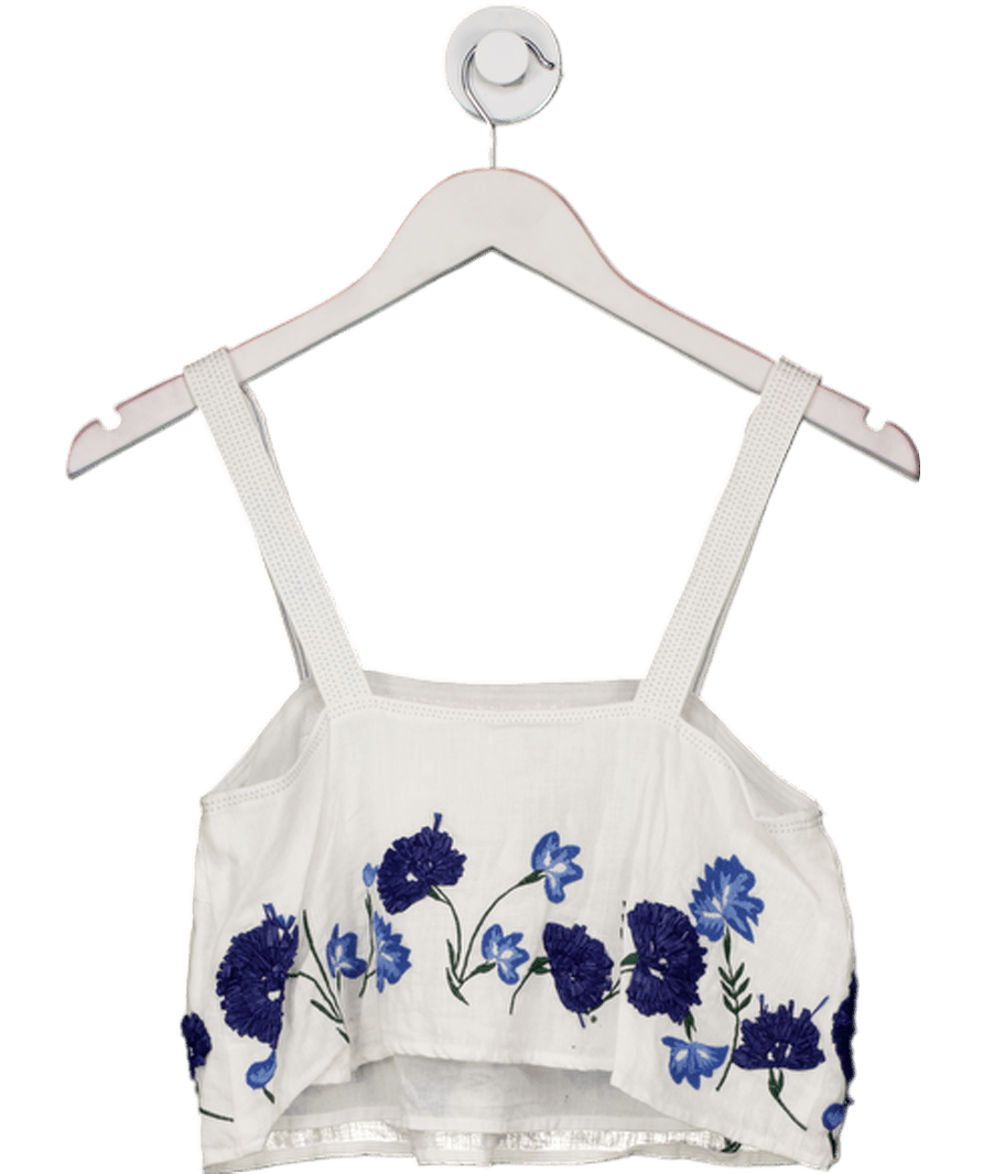 Club Monaco White / Blue Embroidered Linen Crop Top UK XS - Reliked